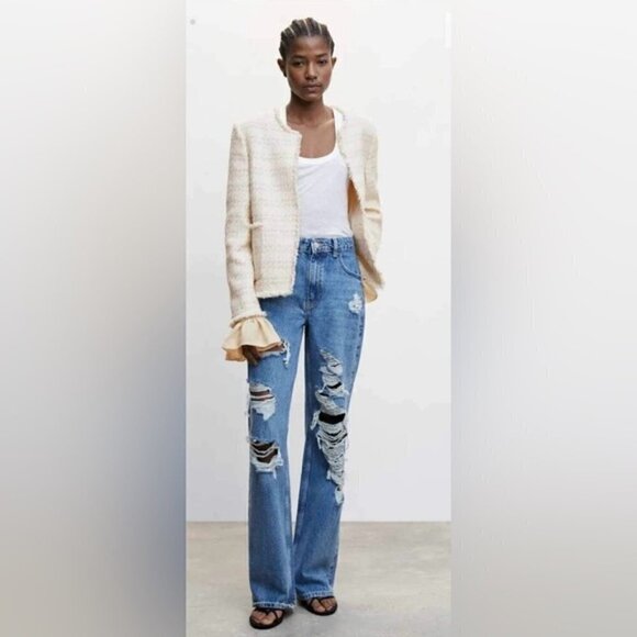 🩷 Mango, Tweed jacket with ruffled cuffs - Ecru. Size: S (US). NWT. - Picture 7 of 12